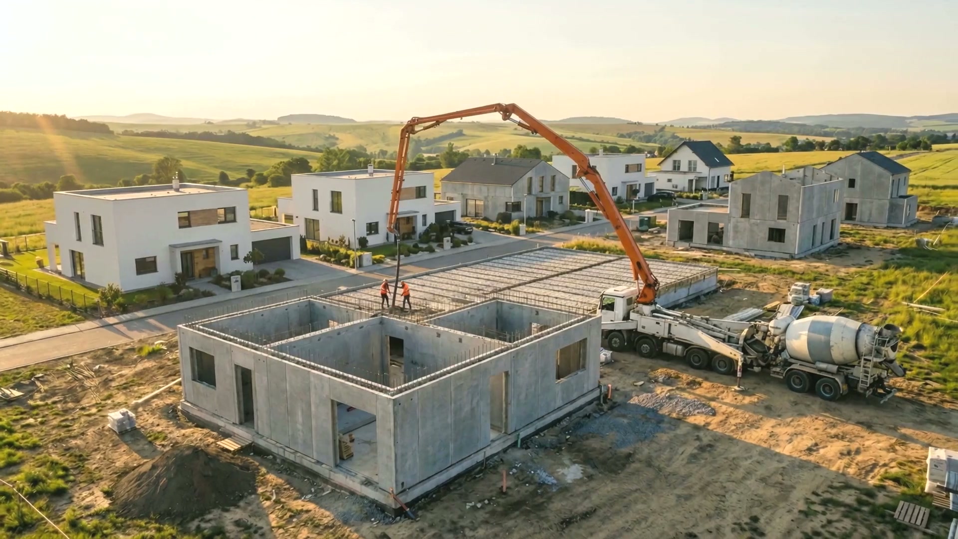 Chantier Polistibrick : coulage du béton sur un lot de maisons