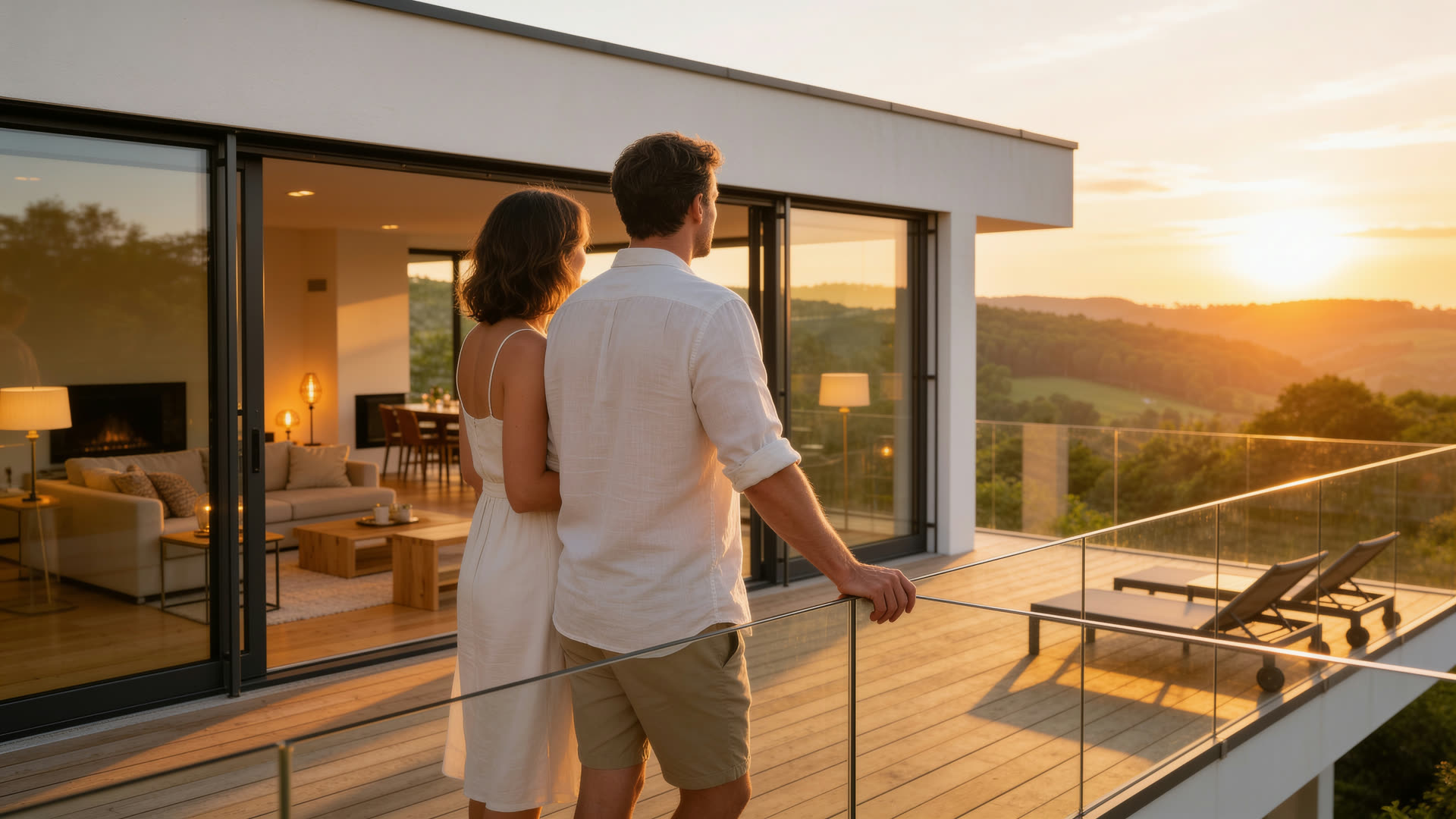 Couple sur la terrasse d'une maison Polistibrick au coucher du soleil