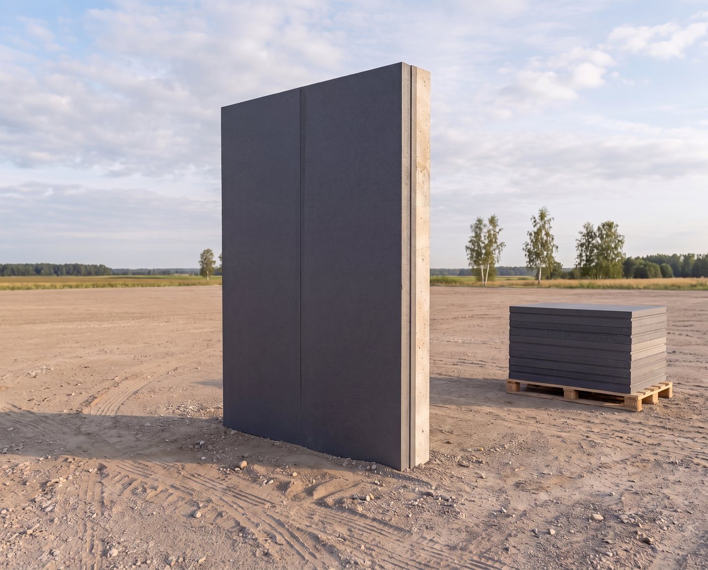 Mur Polistiwall sur chantier : face extérieure en PSE graphité et, sur la tranche, le béton de 20 cm à côté de l'isolant de 20 cm