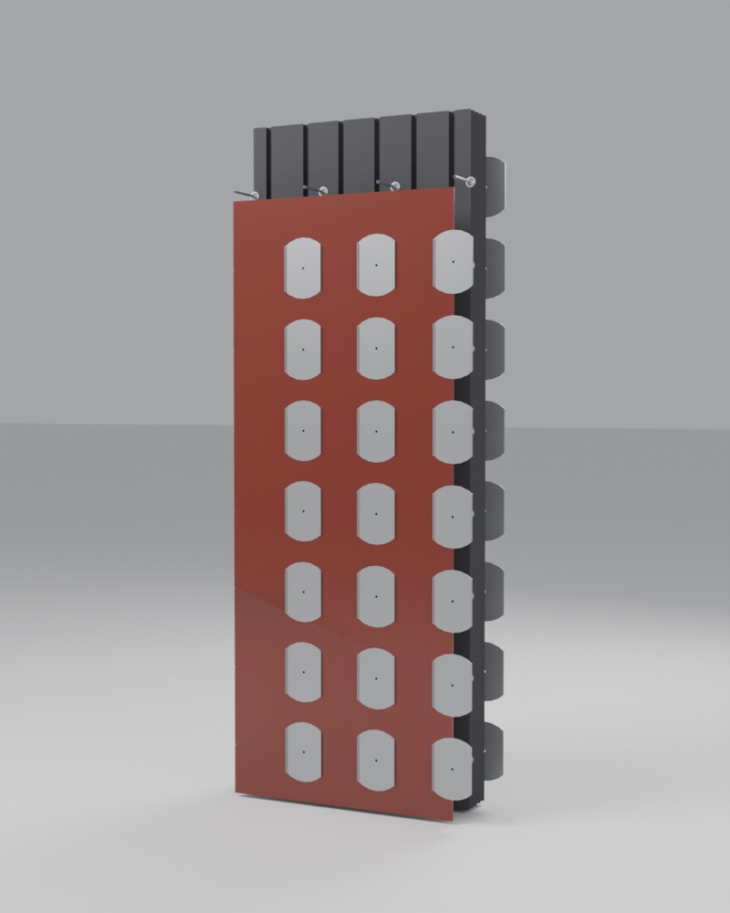 Coffrage Polistiwall : PSE graphité côté façade, contreplaqué rouge côté intérieur, connecteurs métalliques