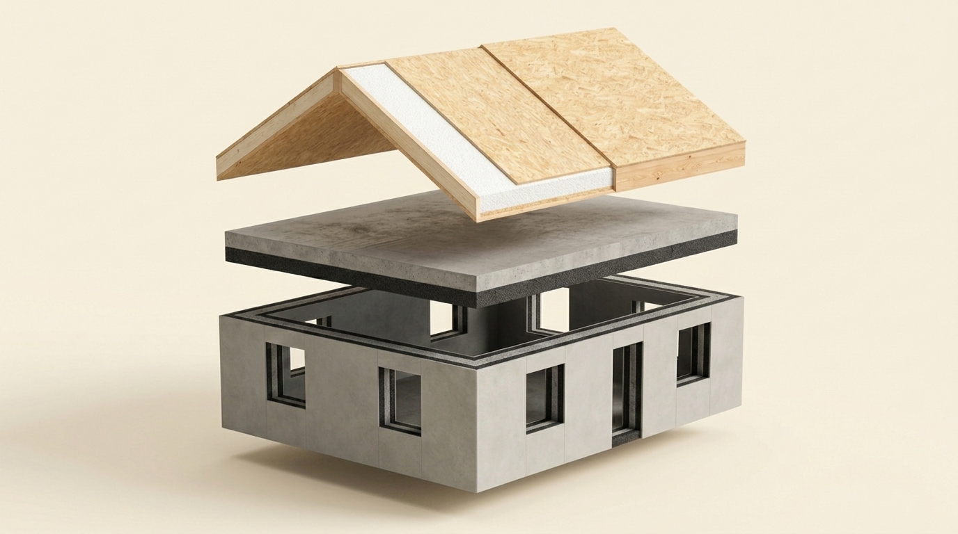 Le système Polistibrick, décomposé couche par couche : murs MBK, plancher PBK, toiture TBK